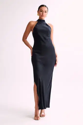 Meshki Claire Satin Drape Back Gown with Split Black Size 8