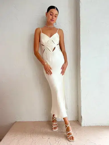 Shona Joy Milo Cut Out Split Midi Dress In Coconut Size 8
