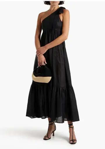 Zimmermann Juliette Bow One Shoulder Linen Maxi Dress Black Size 1 / AU 10