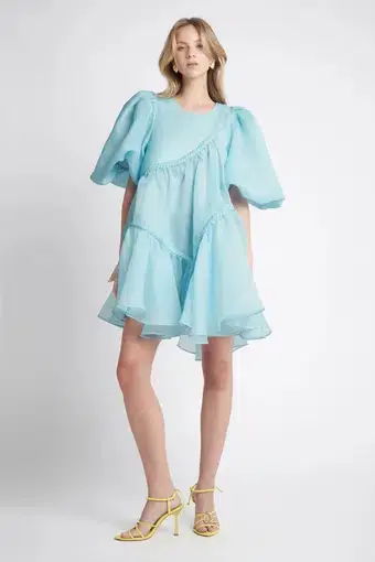 Aje Riviera Assymmetric Braided Puff Sleeve Smock Dress in Ice Blue Size AU 8