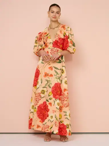By Nicola Bolero Maxi Gathered Neckline Dress in Raspberry Punch Floral Size 14
