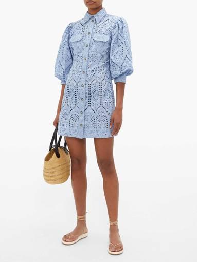 Ganni Balloon-sleeve broderie anglaise mini shirt dress