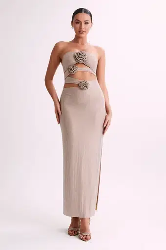 Meshki Stassie Strapless Rose Diamante Maxi Dress Nude Size S / AU 8