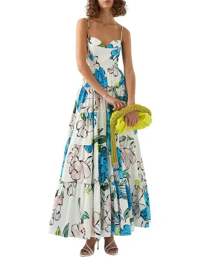 Aje Botanical Tiered Maxi Dress Cool Camelia Blue Floral Size 8