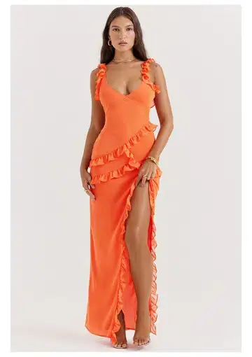 House of CB Pixie Ruffle Maxi Dress in Flame Orange Size XS / AU 6