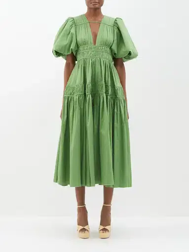 Aje Fallingwater Pintuck Pleated Cotton Midi Dress Green Size 8