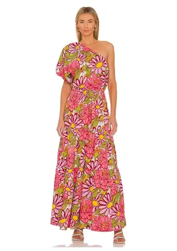 SWF Frida One Shoulder Puff Sleeve Maxi Dress Floral Size L / AU 14