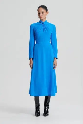 Scanlan Theodore Silk Drape Neck Midi Dress Bright Blue Size 12