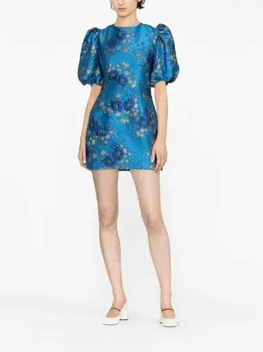 Ganni 3D Jacquard Open Back Mini Dress Blue Size AU 8