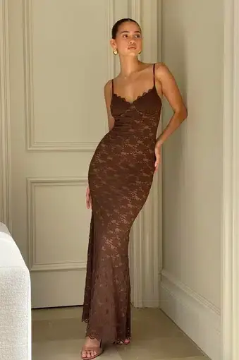 Meshki Joelle Lace Cupped Maxi Dress Chocolate Size L/Au 12 