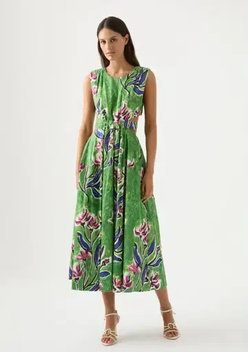 AJE Zorina Tie Midi Dress Native Gumnut Floral Size 6

