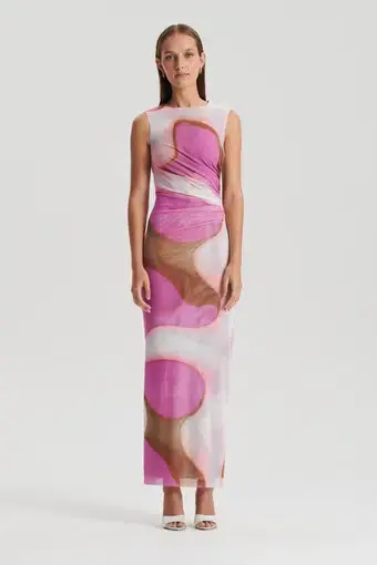 Scanlan Theodore Italian Watercolour Print Dress Pink Tan Size AU 8