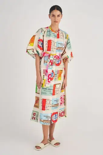 Oroton Ticket Print Silk Shirt Midi Dress Multi Size 12 