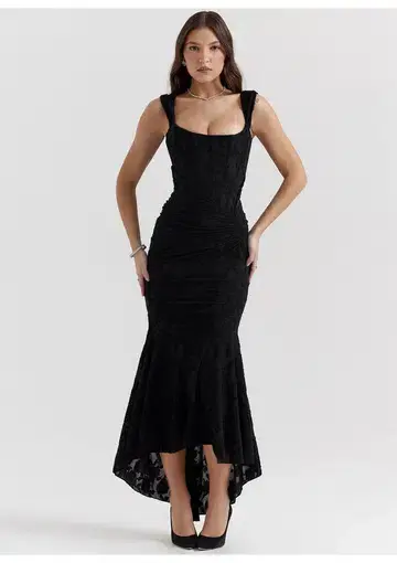House of CB Cesca Corset Ruched Maxi Dress in Black Floral Size M / AU 10
