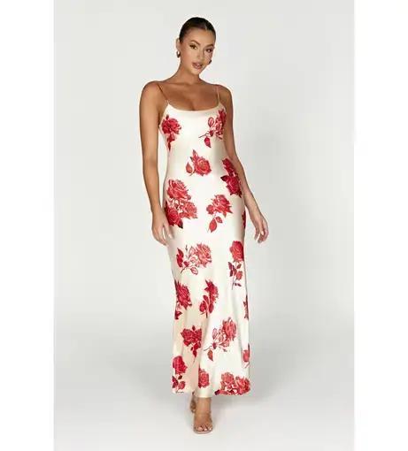 Meshki Rosalie Maxi Dress White & Red Rose Print Size S / AU 8