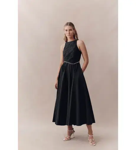 Aje Florence Pearl Trim Midi Dress Black Size 10