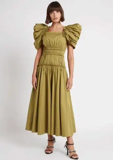 Aje Frequency Puff Butterfly Sleeve Midi Dress Khaki Size 8
