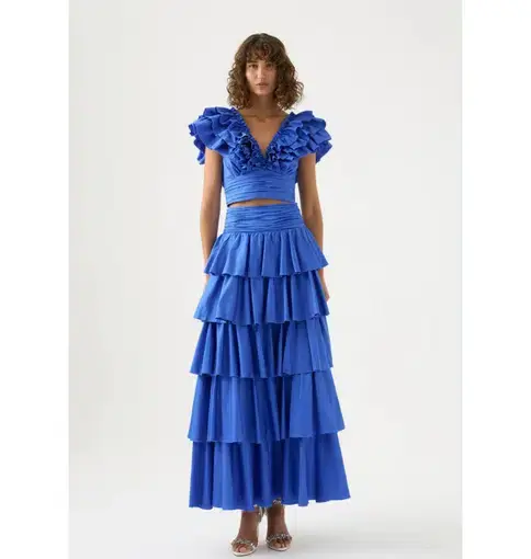 Aje Rhythmic Frill Bodice Size AU 8 & Eleni Tiered Maxi Skirt Size AU 10 Set Blue