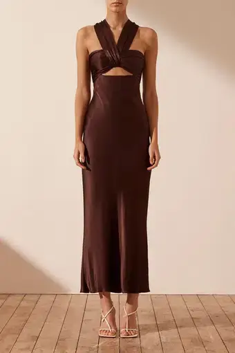 Shona Joy Lana Ruched Halter Midi Dress in Cocoa Size 14