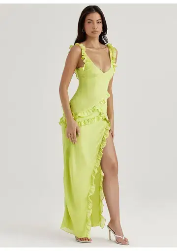 House of CB Pixie Ruffle Maxi Dress Lime Size L / AU 12