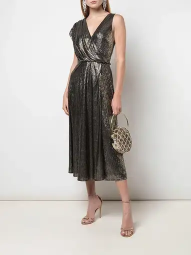 Alice & Olivia Roxy Drape Midi Dress Metallic Size 10