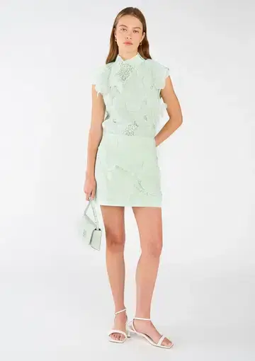 Oroton Tie Neck Lace Top Size AU 8 & Lace Mini Skirt Size AU 10 Set Sea Spray