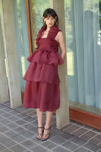 Aje Asra Pleated Frill Midi Dress Mahogany Red Size 6