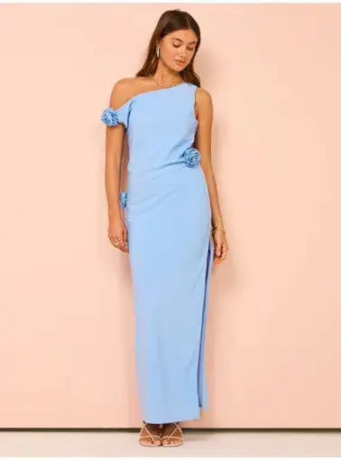 Issy Off Shoulder Flower Maxi Dress In Blue Size AU 12