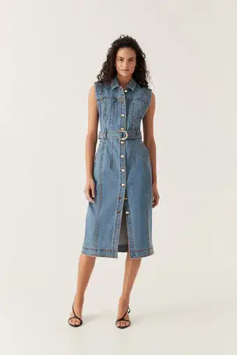 Aje Darcie Denim Midi Dress 90's Wash Size 16 