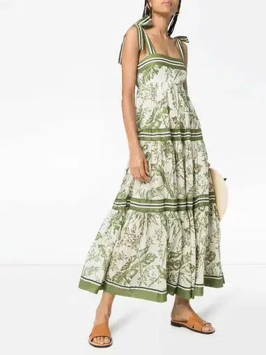 Zimmermann Empire Tie Shoulder Dress Palm Print Green Size 0 / AU 8