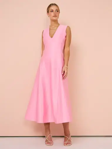 Leo Lin Nicola V Neck Midi Dress Bubblegum Size 14