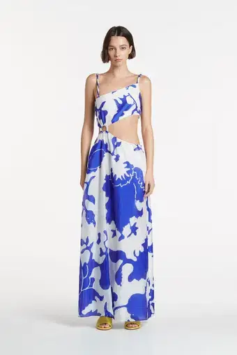Sir The Label Marlowe Vivi Asymmetric Cut Out Dress Blue Print Size 2/AU 10