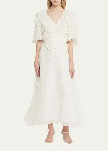 Rachel Gilbert Lorie Puff Sleeve Midi Dress Ivory Size 2 / AU 10