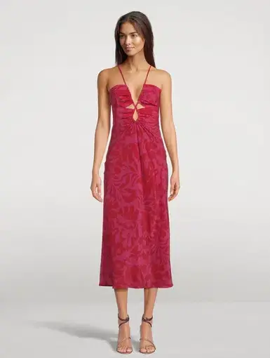 Shona Joy Portea Silk Keyhole Lace Front Midi Dress Pink Floral Size 12
