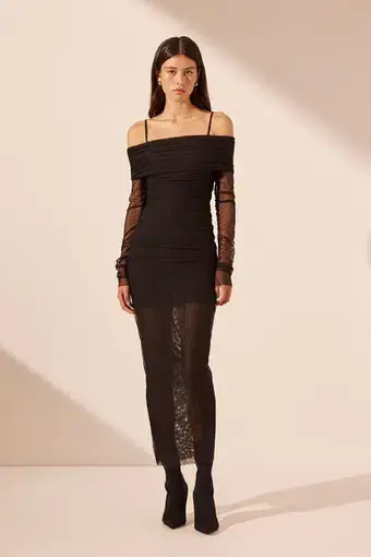 Shona Joy Mira Long Sleeve Off Shoulder Midi Dress Black Size 8