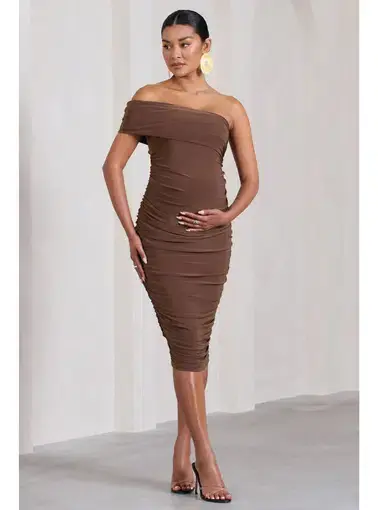 Club L London Remember Me Maternity One Shoulder Midi Dress Chocolate Size AU 12