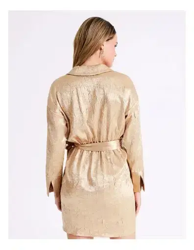 Wayne Cooper Crinkle Satin Wrap Mini Dress Gold Size AU 12 | The Volte