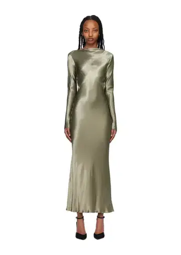 Bec & Bridge Ren Satin Long Sleeve Midi Dress Dark Olive Size AU 8