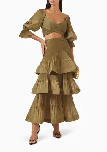 Zimmermann Pleated Bodice and Tiered Skirt Set in Olive Size 1 / AU 10