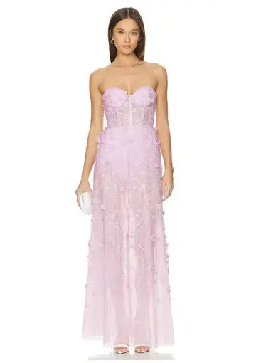 BCBGMAXAZRIA Poppy Strapless Floral Applique Gown Lilac Size 8