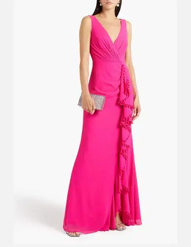 Badgley Mischka Pompom-trimmed Draped Crepe Gown Bright Pink Size 12