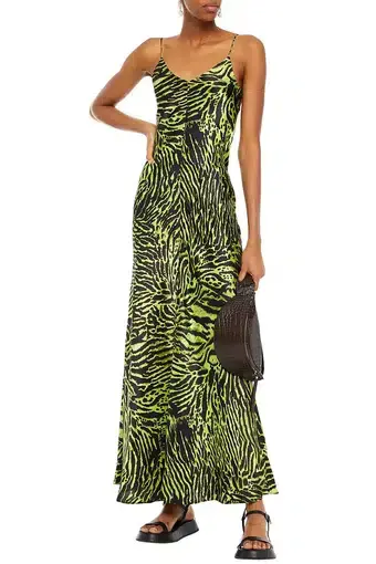 Ganni Silk Blend Satin Maxi Dress in Green Tiger Print Size M / AU 10