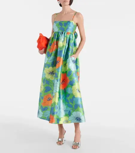 Alemais Satin Midi Dress Green Blue Floral Size AU 10