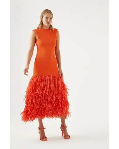 Aje Rushes Raffia Knit Midi Dress Orange Size AU 10