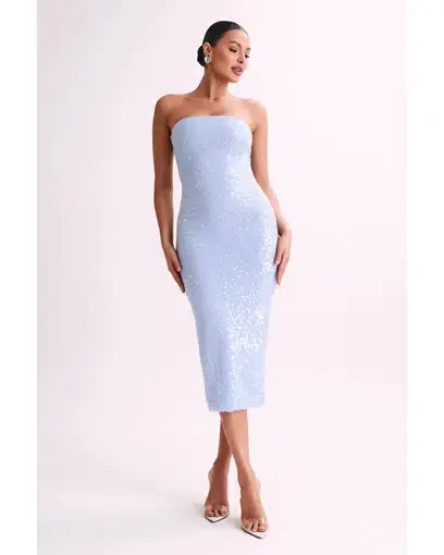 Meshki Nevada Strapless Sequin Midi Dress Ice Blue Size AU 6