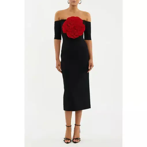 Rebecca Vallance Rhosen Off the Shoulder Midi Dress Black Size AU 8 
