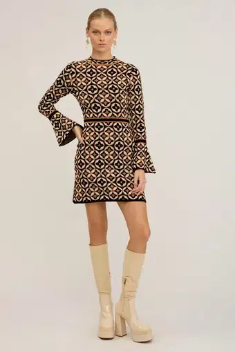 Nine Lives Bazaar Mitzy Knit Dress Deco Mini Gold & Black Size 16