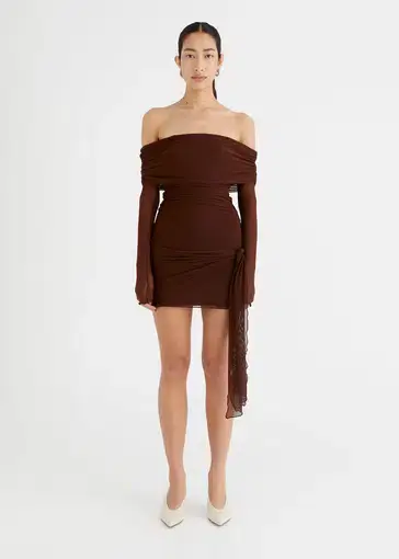 Benni Yasmin Off Shoulder Mini Dress Brown Size 8