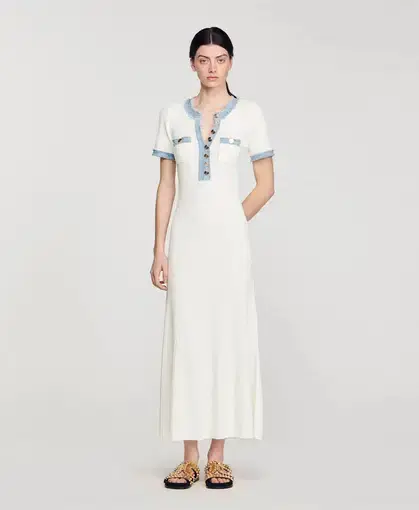 Sandro Knit and Denim Midi Dress White Size 8