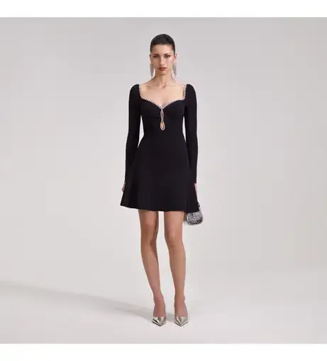 Self Portrait Rib-Knit Diamante-Trim Mini Dress Black Size 8 